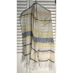 Vintage Silk-Viscose Blend Scarf White‎ Blue Yellow Stripes ~ 74"x27"